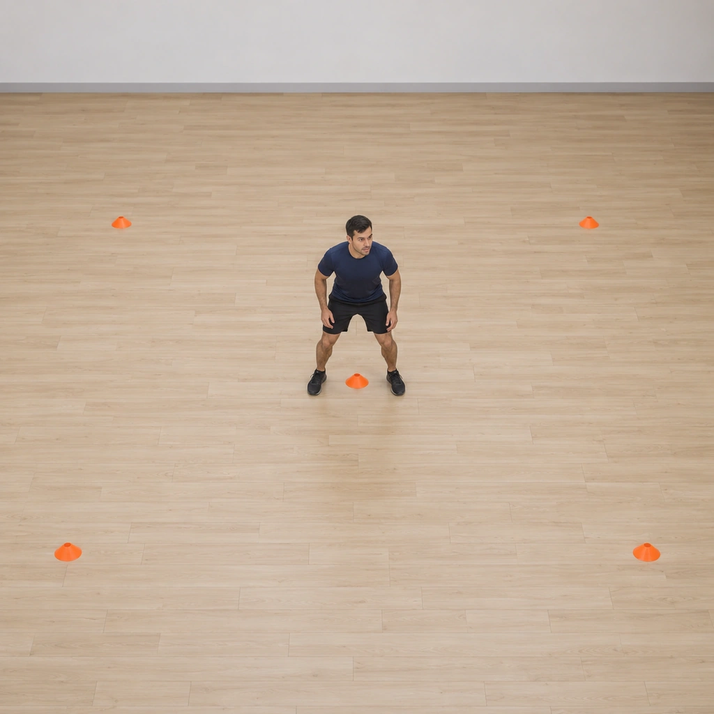 He stands at the centre hub marker of the four-corner pattern, athletic stance, the corner cones visible around him.