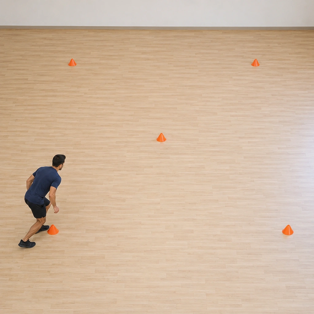 He stands at one corner of the hourglass cone pattern, athletic stance, the centre hub cone diagonally ahead.