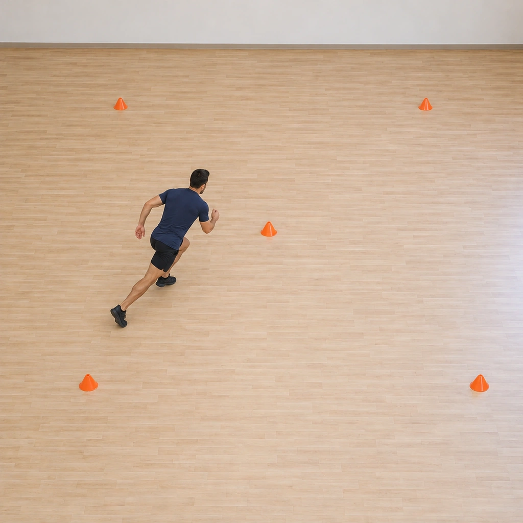 He is sprinting diagonally toward the centre hub cone, body leaned into the diagonal line, arms pumping.