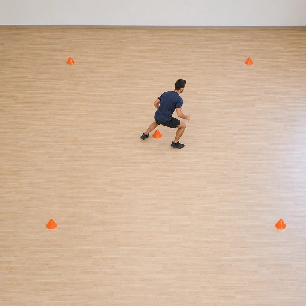 He has reached the centre hub and is shuffling laterally beside it, hips low, feet apart, ready for the far diagonal.