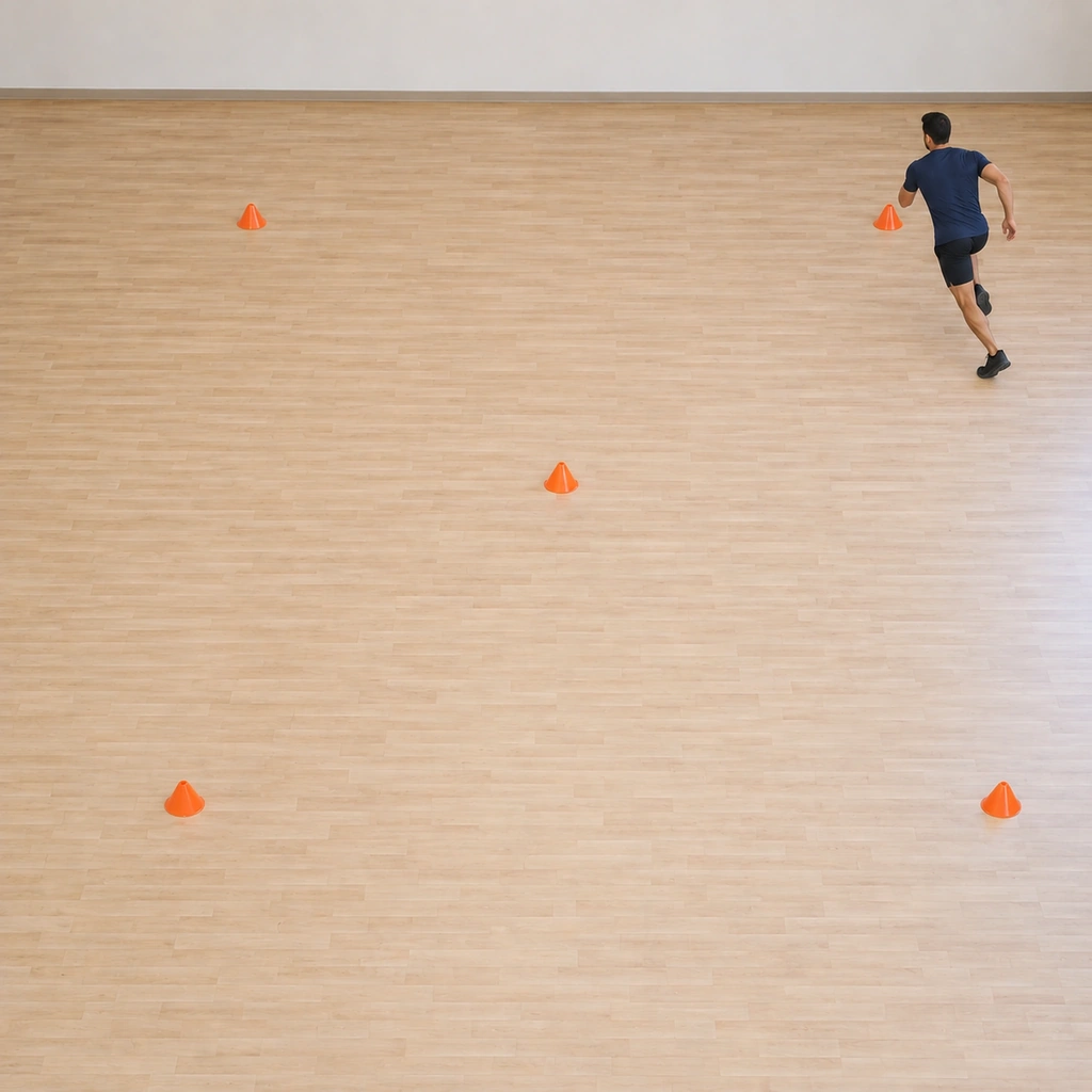 He has broken from the shuffle into a diagonal sprint toward the far corner cone, the hourglass line tracing behind him.