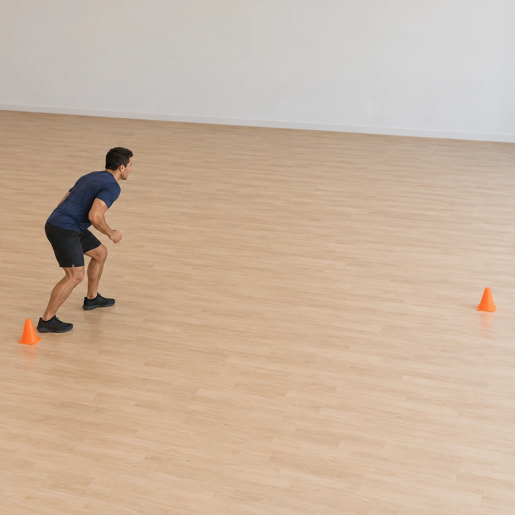 He stands at the near line in a low athletic stance facing the far line ten metres away, one hand ready for the tap.