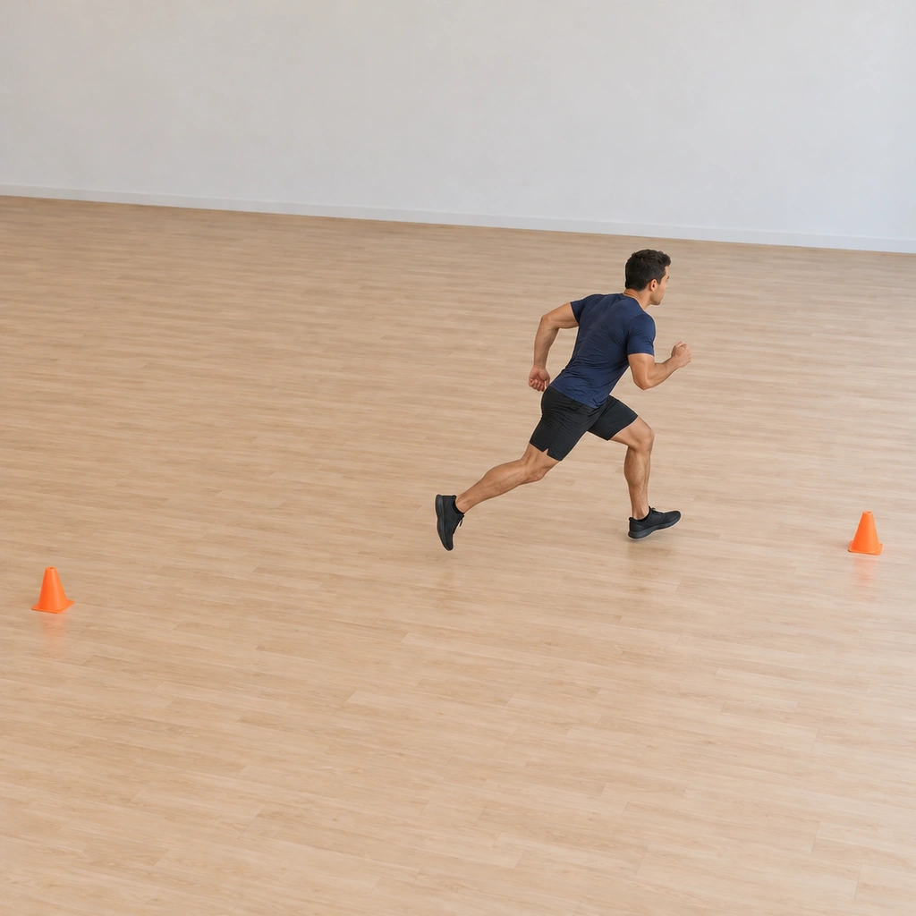 He sprints the lane at speed toward the far line, mid-stride, his left leg driving and his trunk forward, the far cone closing ahead.