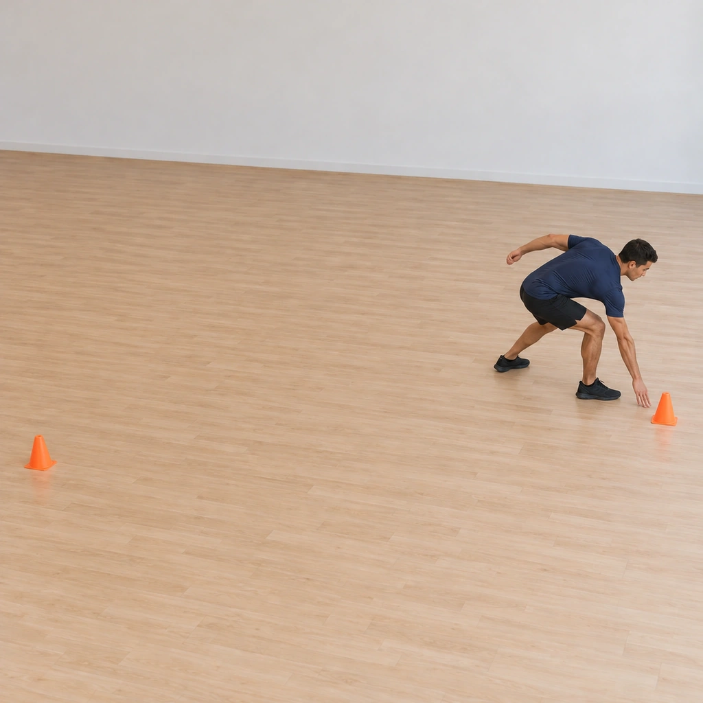 He bends low at the far line, his right hand tapping the floor beside the cone, hips dropped and feet gathering under him to reverse.