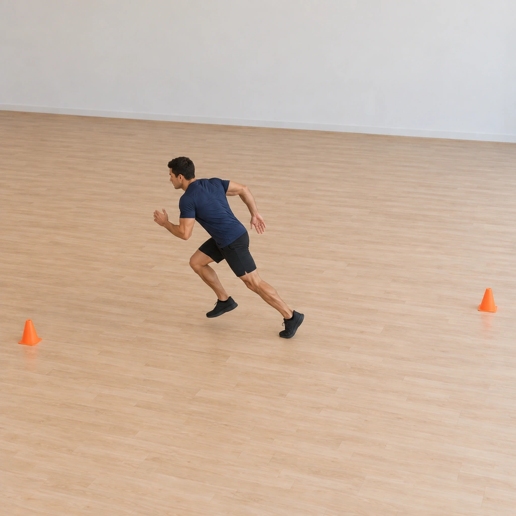 He has turned from the tap and sprints back toward the near line, his right leg driving off the gathered plant, body reversed and accelerating.