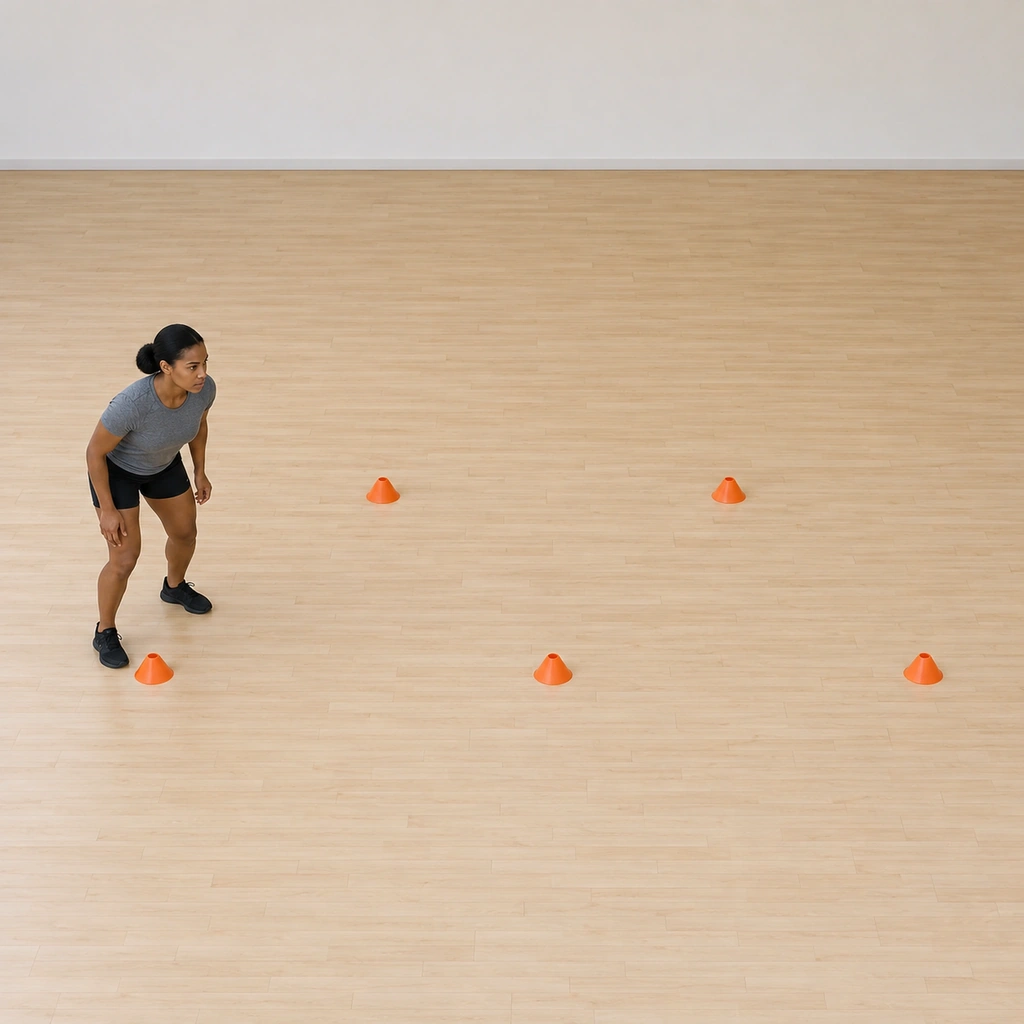 She stands at the base of the W cone pattern, athletic stance, the W of cones laid out ahead.