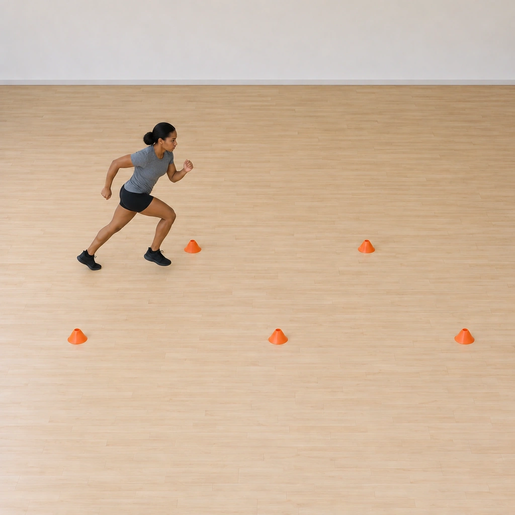She is sprinting forward toward the first apex cone, body leaned into the run, arms pumping.