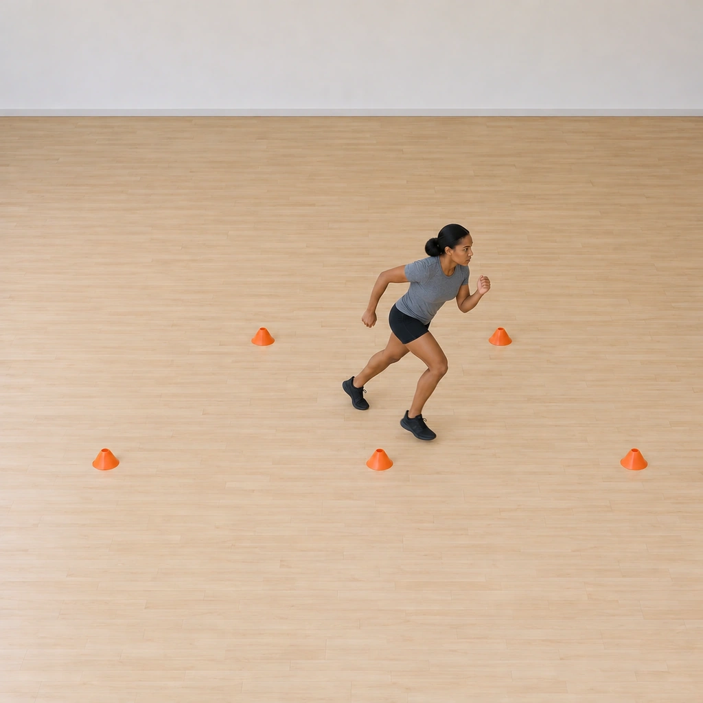 She continues the pattern along the W, now sprinting forward to the next apex while the depth cones behind her mark the completed legs.