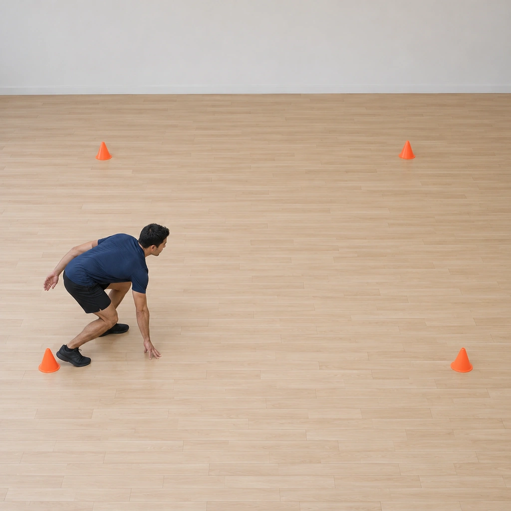He crouches in a ready stance beside the bottom-left cone: weight forward, one hand near the floor, eyes up on the top-right corner; the four cones mark the square ahead.