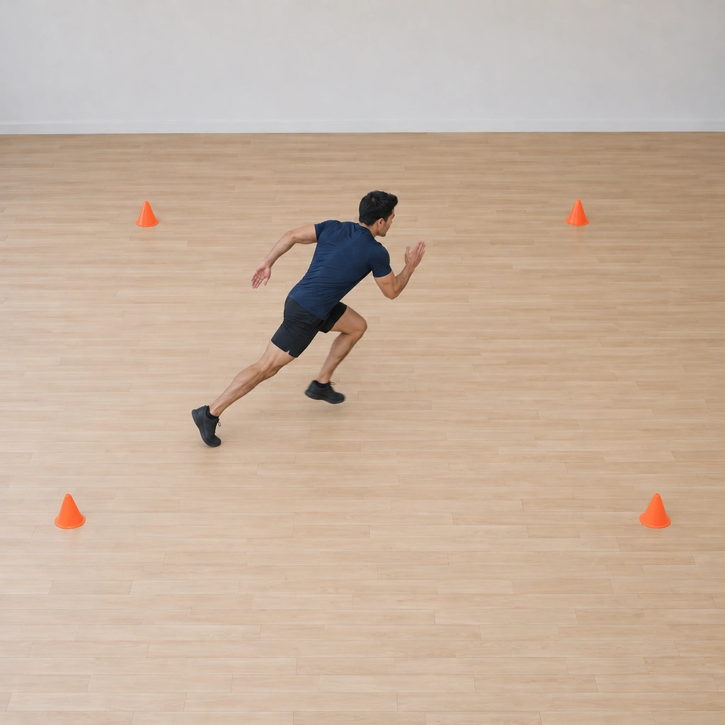 He sprints diagonally toward the top-right cone: mid-stride in a low acceleration, arms pumping, body angled along the diagonal path; the bottom-left cone falls behind him.