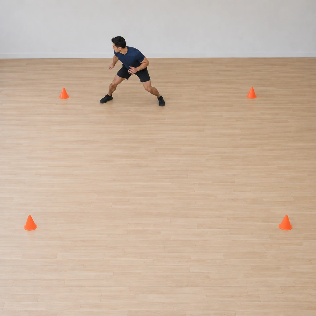 He shuffles laterally along the top line toward the top-left cone: side-on stance, feet never crossing, low hips; the top-right cone is just behind him.