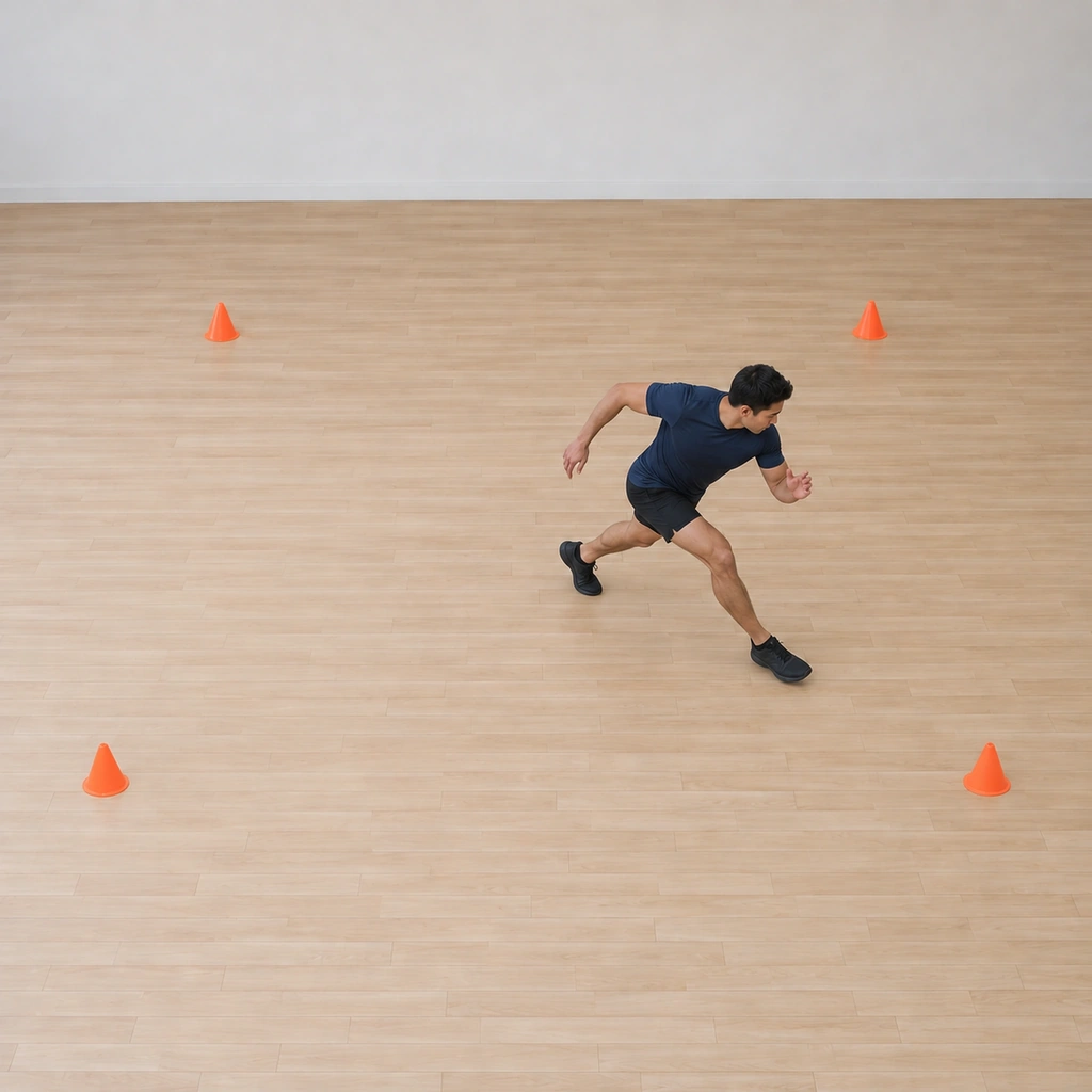 He sprints diagonally back across the square toward the bottom-right cone: mid-stride, low and driving; the X's second diagonal leg underway before the closing shuffle home.