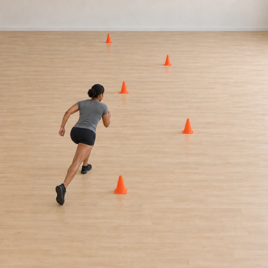 She sprints the diagonal leg toward the second cone, mid-stride with her left leg driving and her trunk forward, the marker ahead and to her right.