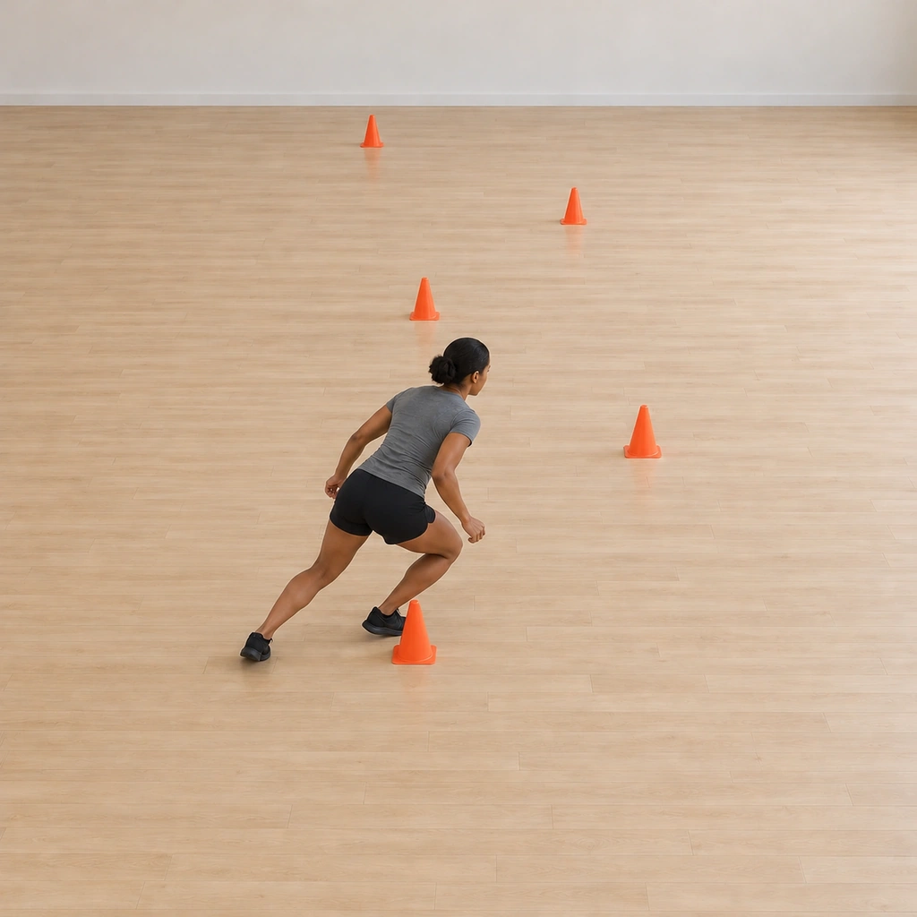 She plants her right outside foot beside the second cone with her hips dropped low, braking hard, her body sinking and beginning to turn toward the third marker.