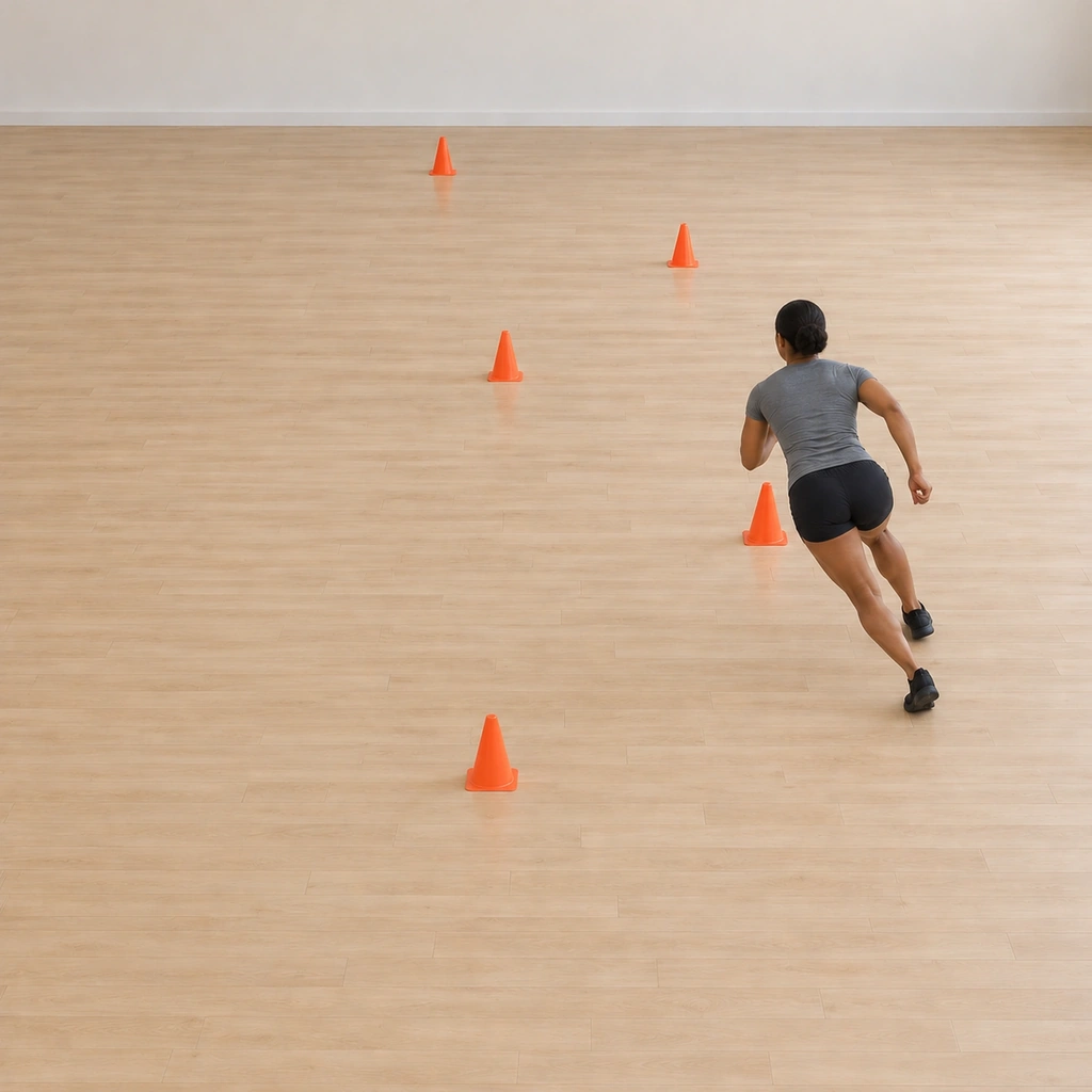 She drives out of the plant into the next diagonal leg, right leg pushing away, body rising into the sprint toward the third cone.