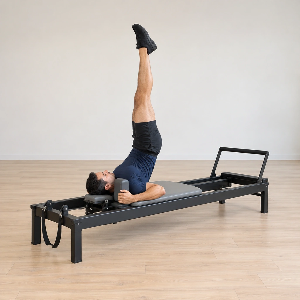 He lies rolled up onto his shoulder girdle on the carriage, his hands gripping the sides of the shoulder blocks with elbows wide, both legs reaching together to the ceiling, his neck free of load.