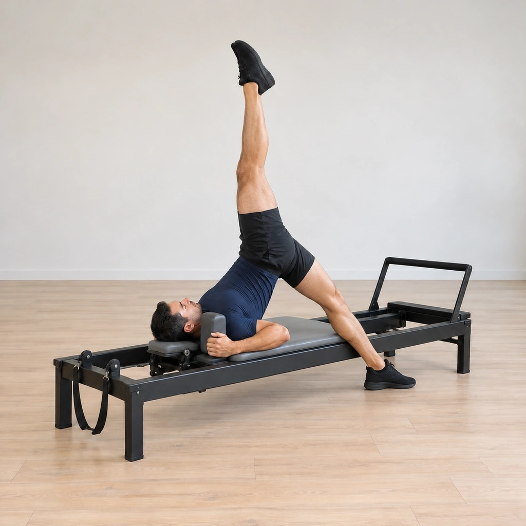 Balanced on his shoulder girdle, one leg reaches straight up to the ceiling while the other leg reaches down outside the reformer frame, the opposite hand moved to the top of the shoulder block pressing to assist.