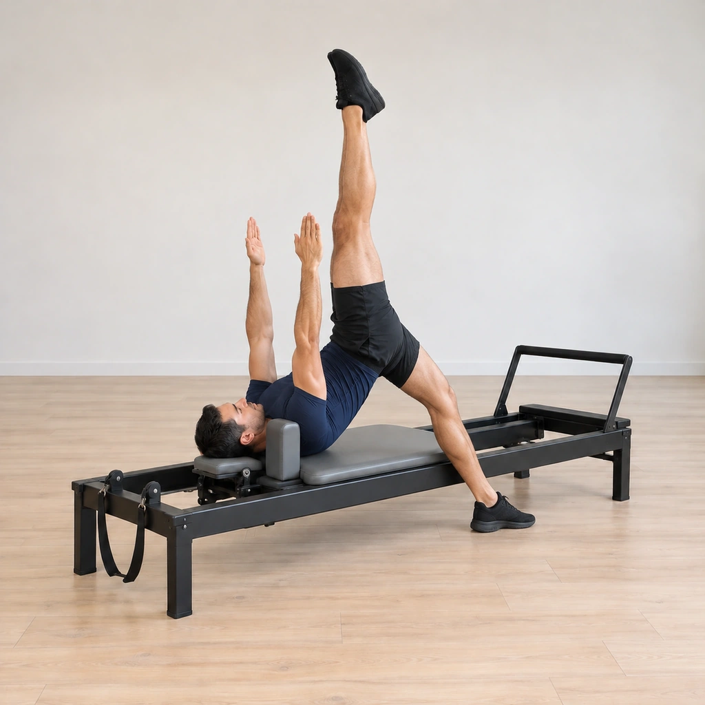 He has reached the frame-side leg all the way down until his foot stands on the floor beside the carriage, his other leg still reaching up, his arms lifted as his body lengthens in the off-carriage stand.