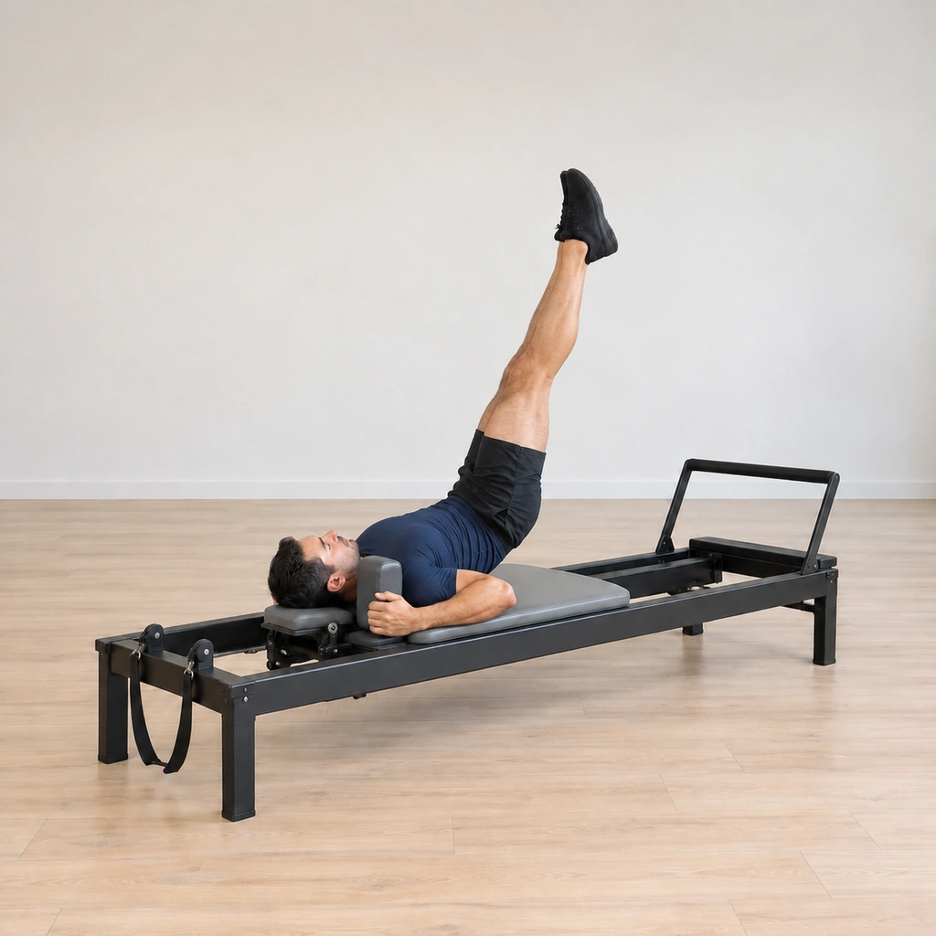 His hands have returned to the shoulder blocks and his body is rolling back onto the carriage, the standing leg lifting off the floor as the shoulder-girdle stand re-forms.