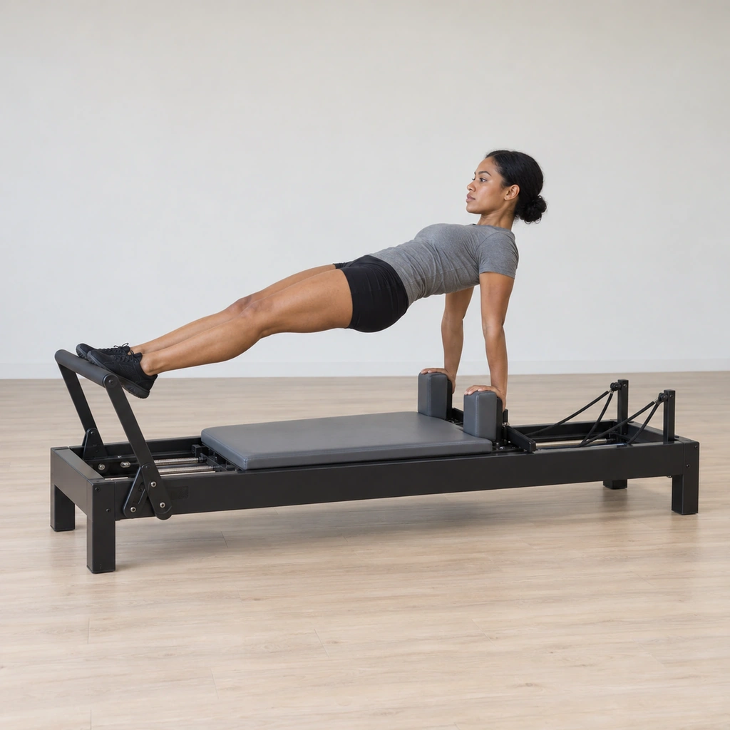 She bridges across the reformer facing the footbar, both hands on the shoulder blocks near their edge and the balls of her feet pressing the bar, her body held long with the carriage closed.