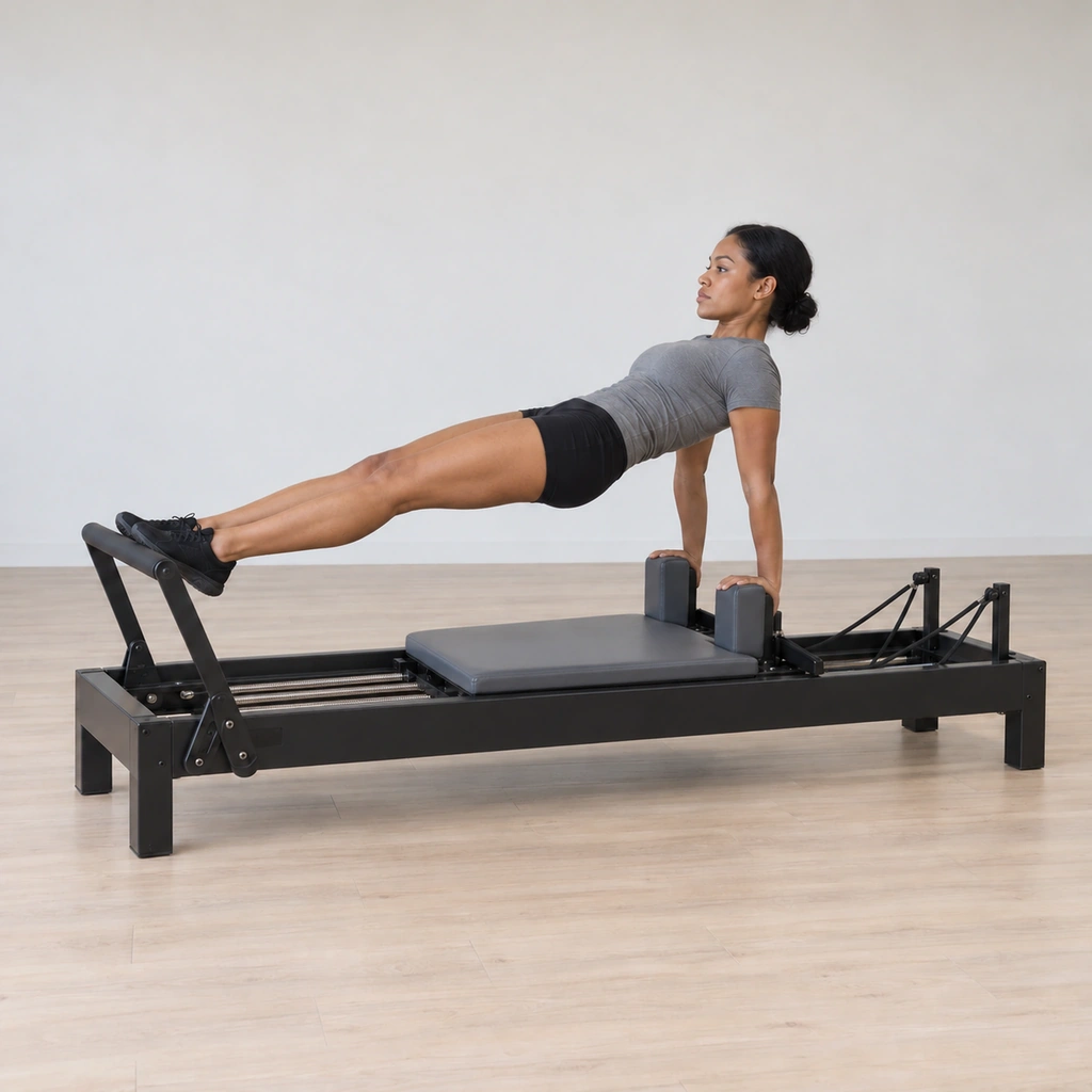 The carriage has slid out under her hands on the blocks, pressed from her upper back, her shoulders unrounded and her hips level while her feet stay on the footbar.