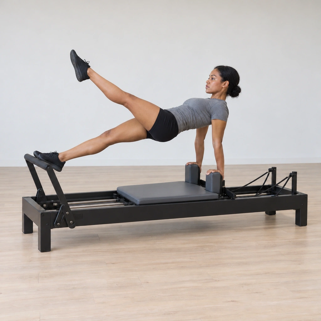 With the carriage held open, one of her legs has kicked up behind her while her hands stay on the blocks and her other foot stays on the bar.