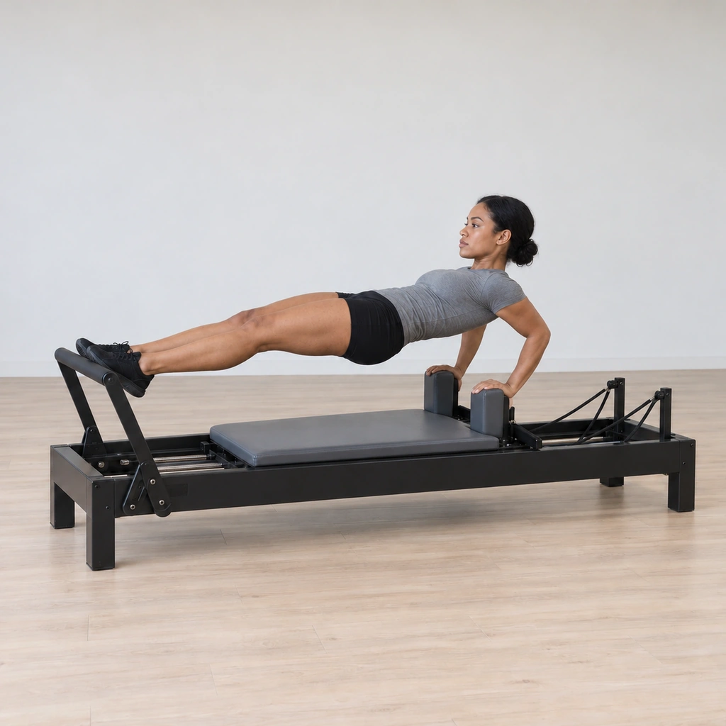 Her elbows have bent into a dip above the carriage while it stays held still, her hands on the blocks and her feet on the bar unchanged.