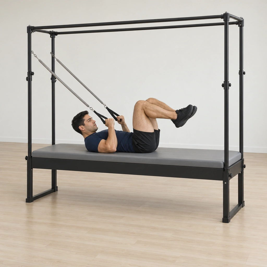 Coordination on the Pilates Cadillac - Step 1: Curl your head and chest up, squeeze your elbows to your sides, knees to your chest, heels together and toes and knees apart.