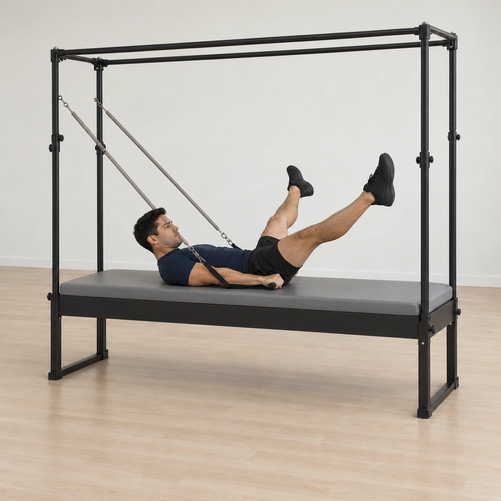 His arms still hold low near the mat against the springs while his straight legs are open mid-cycle of the quick open-close, his curl held and his heels tracking together on each close.