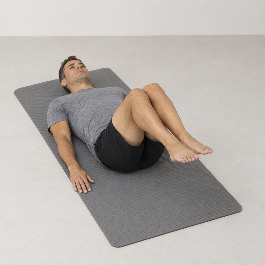 A man lying on his back on a mat with both knees bent and raised together above his hips, shins roughly level, arms resting on the mat at his sides.