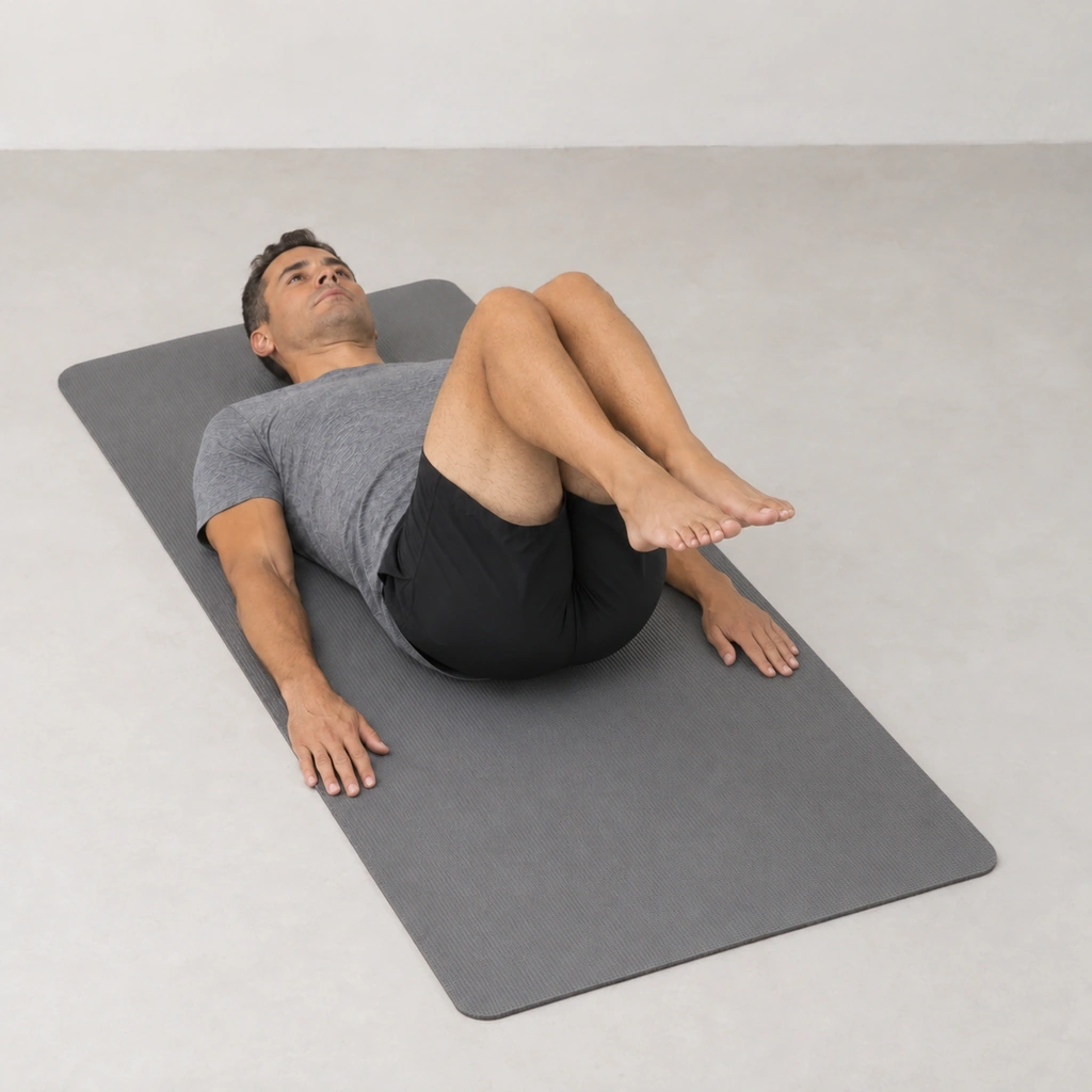 The same man lying on his back, his raised knees, still together, now further in toward his chest, his hips more bent than at the start.
