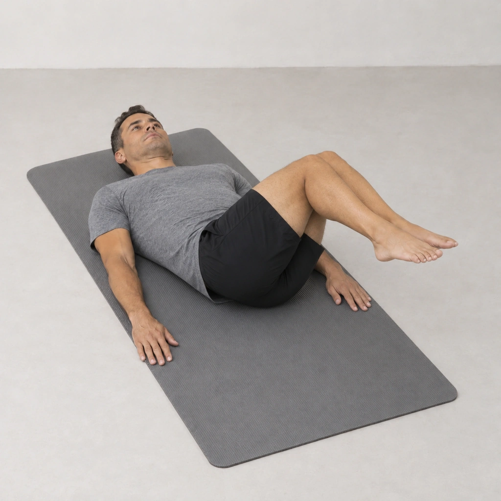The same man lying on his back, his raised knees, still together, now drifted to his left side, mirroring the earlier right-side position.