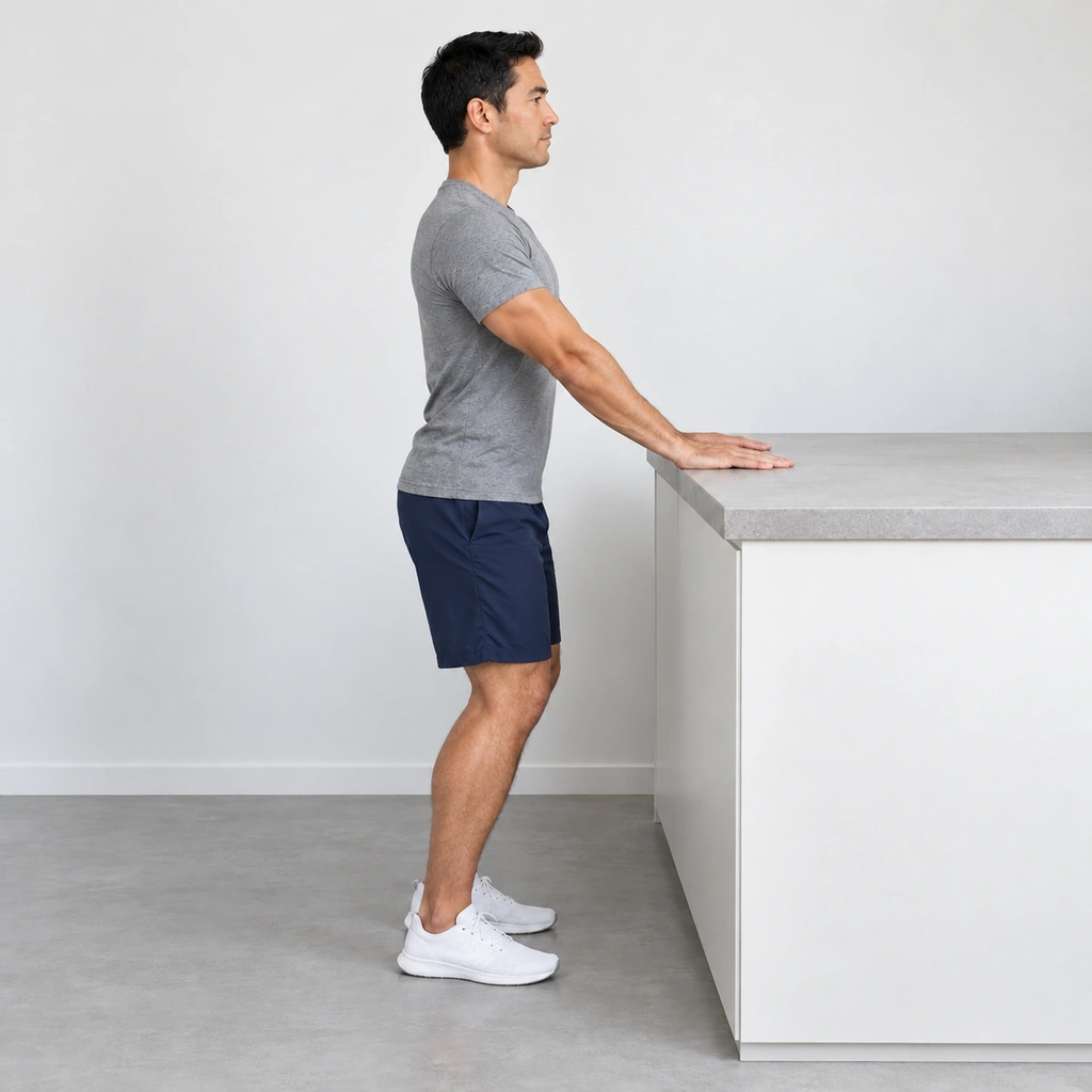The same man at the same counter, knees softly bent and pelvis dropped low while his straight arms press into his flat palms to carry part of his weight.