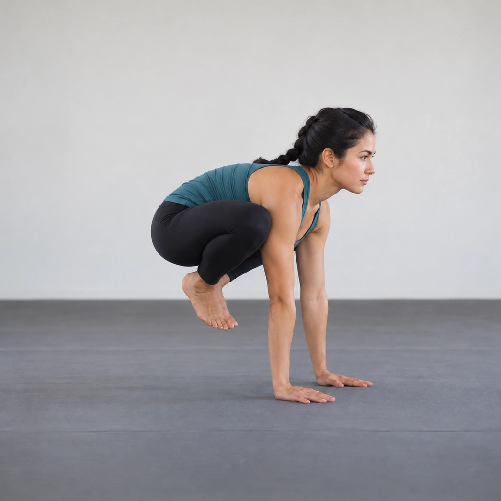 A woman mid-lean over her planted hands, chest coming between her thighs, both feet just lifted off the mat with the heels drawing toward the seat, gaze slightly forward.