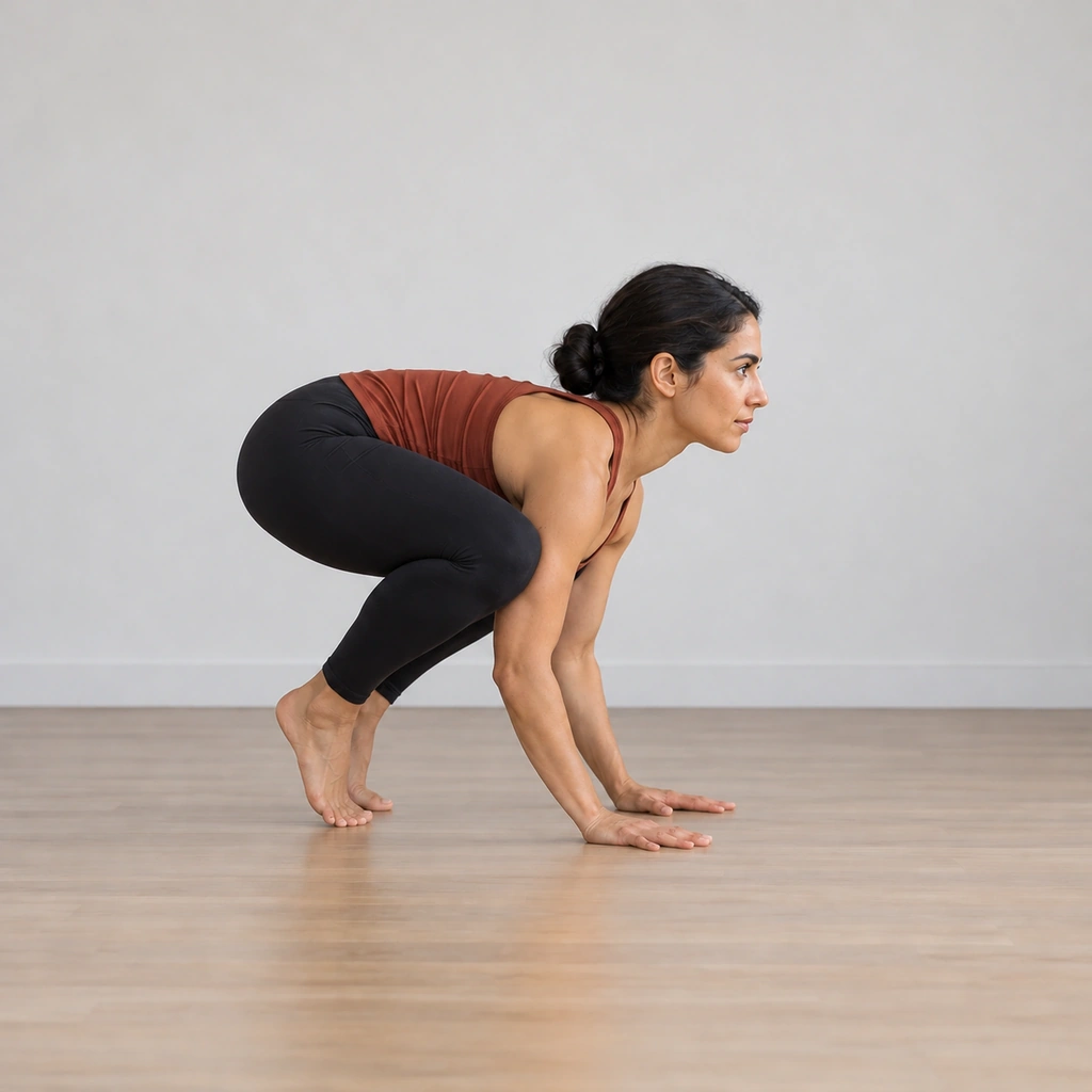A woman on the balls of her feet with hips high, hands planted ahead, knees pressed onto her bent upper arms.