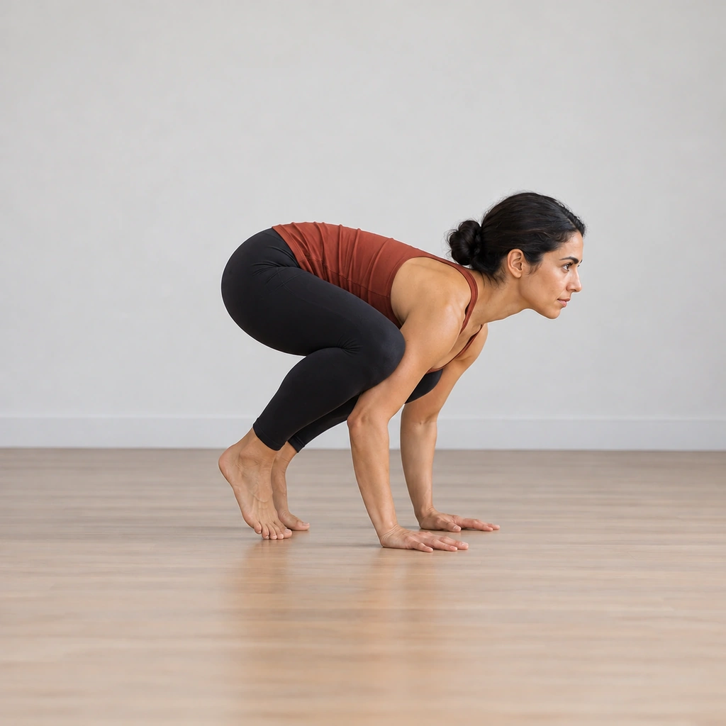 A woman leaning forward in a crow setup, weight tipping onto her hands, feet light on the floor, gaze forward.