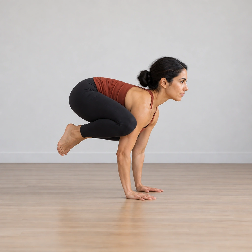 A woman balanced in crow pose, feet lifted and drawn toward her seat, knees on her bent upper arms, all her weight on her hands.