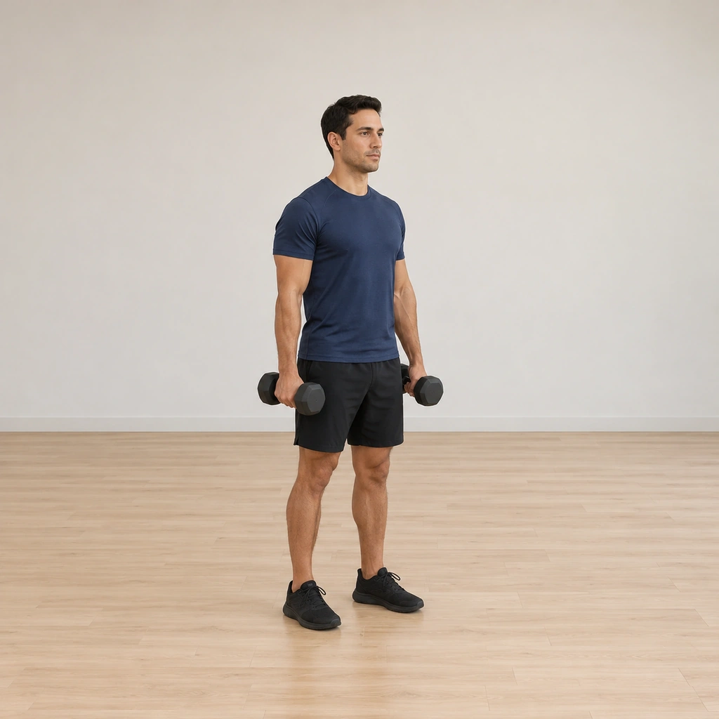 He stands tall, feet planted, a dumbbell held in each hand down at his sides, shoulders level and posture upright.