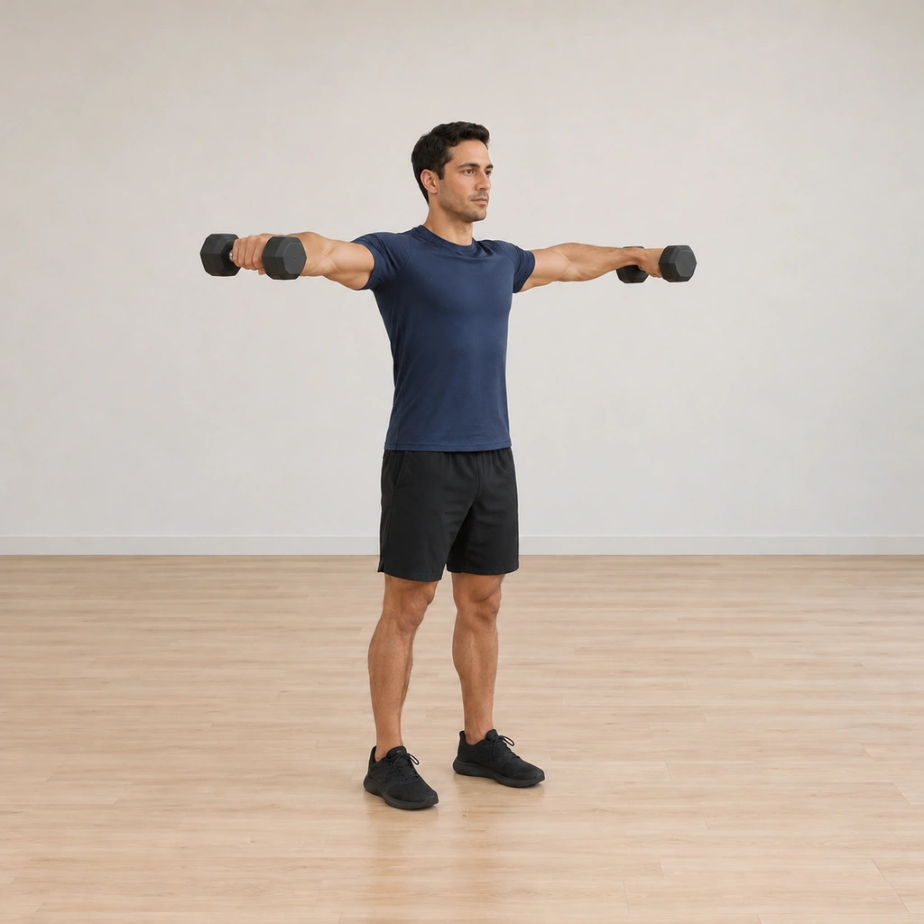 He is lifting both dumbbells out to his sides, arms rising toward parallel-to-the-ground height, elbows nearly straight.