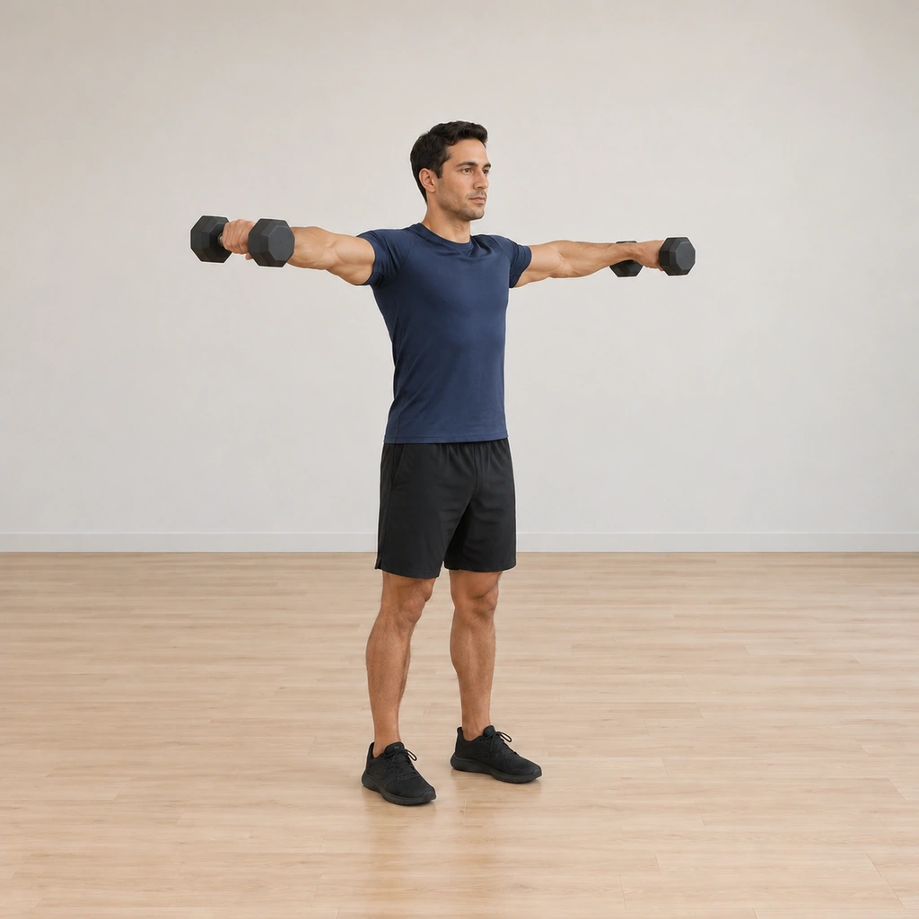 He holds both dumbbells at shoulder height, arms straight out to the sides exactly parallel to the ground, the hold frozen.