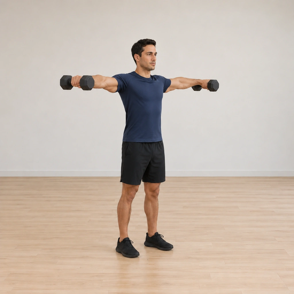 He still holds the parallel arm line late in the set, the arms visibly loaded but level, the trunk upright and unmoving.