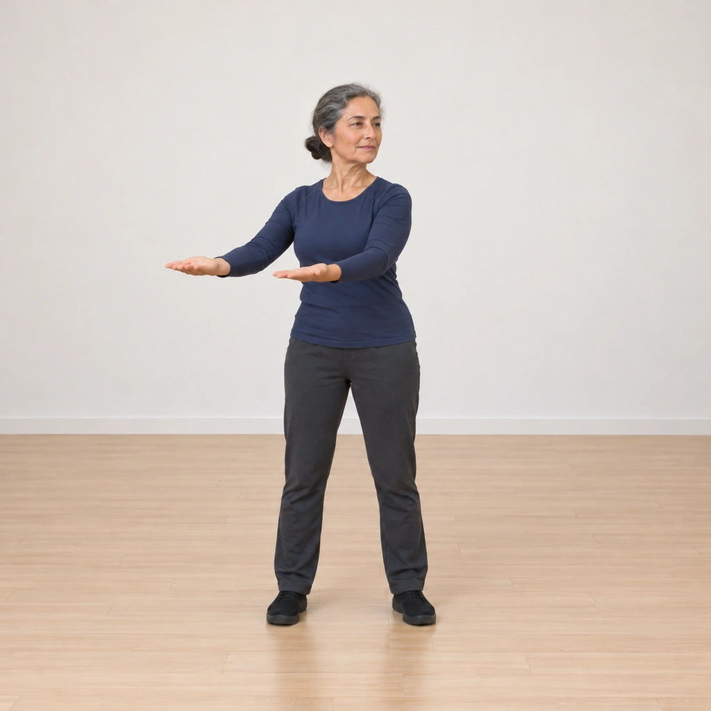 Her waist is rotated and her hands are tracing a flat horizontal circle to her right at navel height, the arms making one rounded shape.