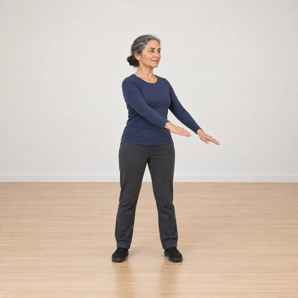 Her hands are circling back to her left at navel height, the waist unwinding, ready to return the hands to her sides.