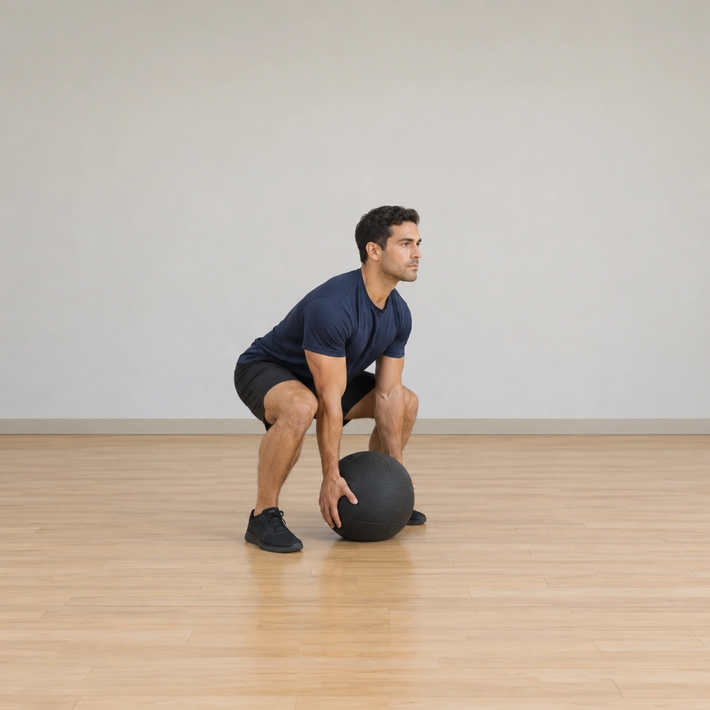 He hinges over the dead ball resting on the floor between his feet: knees bent, trunk hinged, both hands gripped under the ball's sides; his hips sit back loaded.