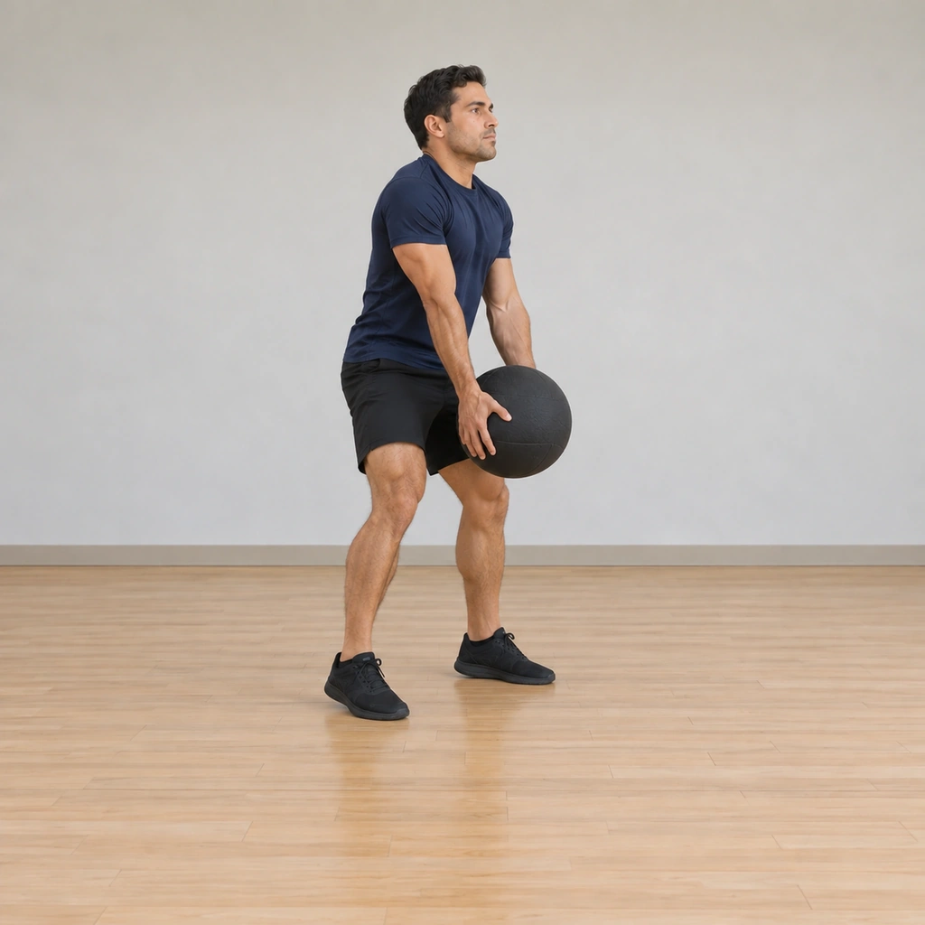He drives the ball upward on the hip snap: knees and hips extending, trunk rising, both arms carrying the ball up from the floor; the ball is mid-path toward the chest.