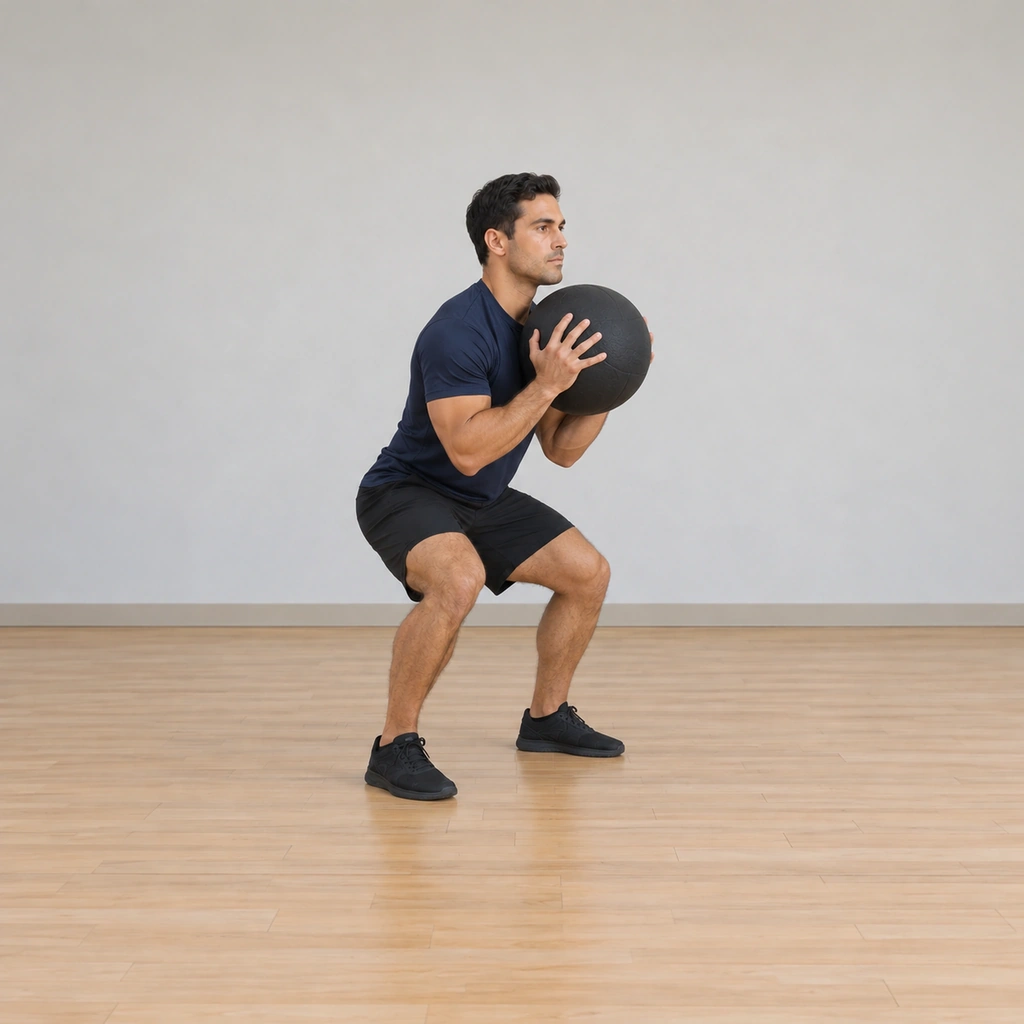 He has caught the dead ball at chest height in both arms: the ball cradled against his chest, knees soft under the receive, trunk rising toward the finish.