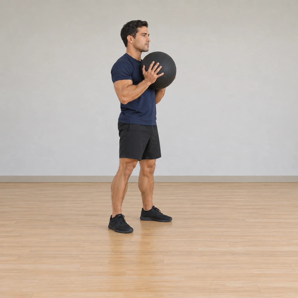 He stands fully extended: hips driven through, trunk tall, the dead ball held cradled at his chest - the clean complete.