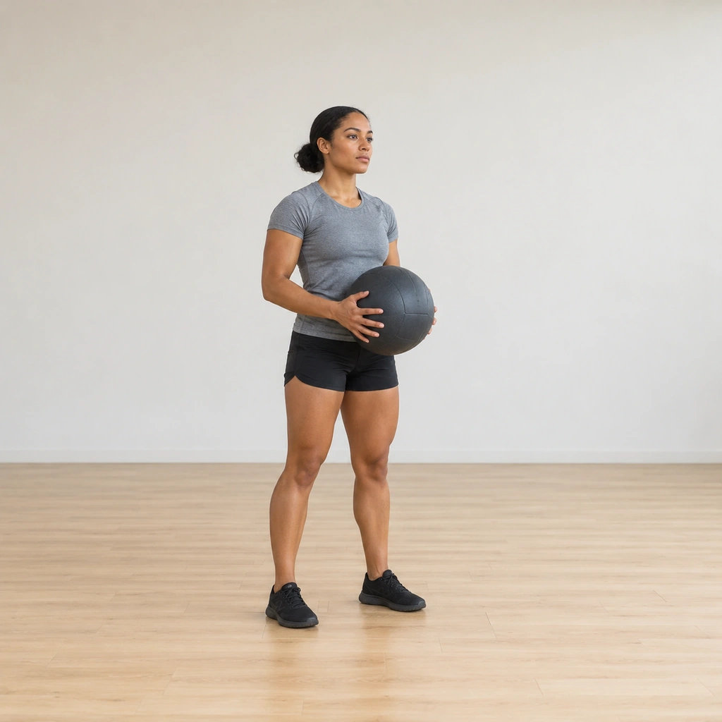 She stands tall holding the dead ball in both hands in front of the hips, feet under the shoulders, ready to raise it.