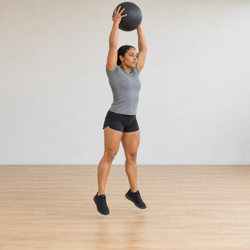 She has swung the ball overhead on extended arms and is jumping into the air, the ball held high, the feet leaving the floor.