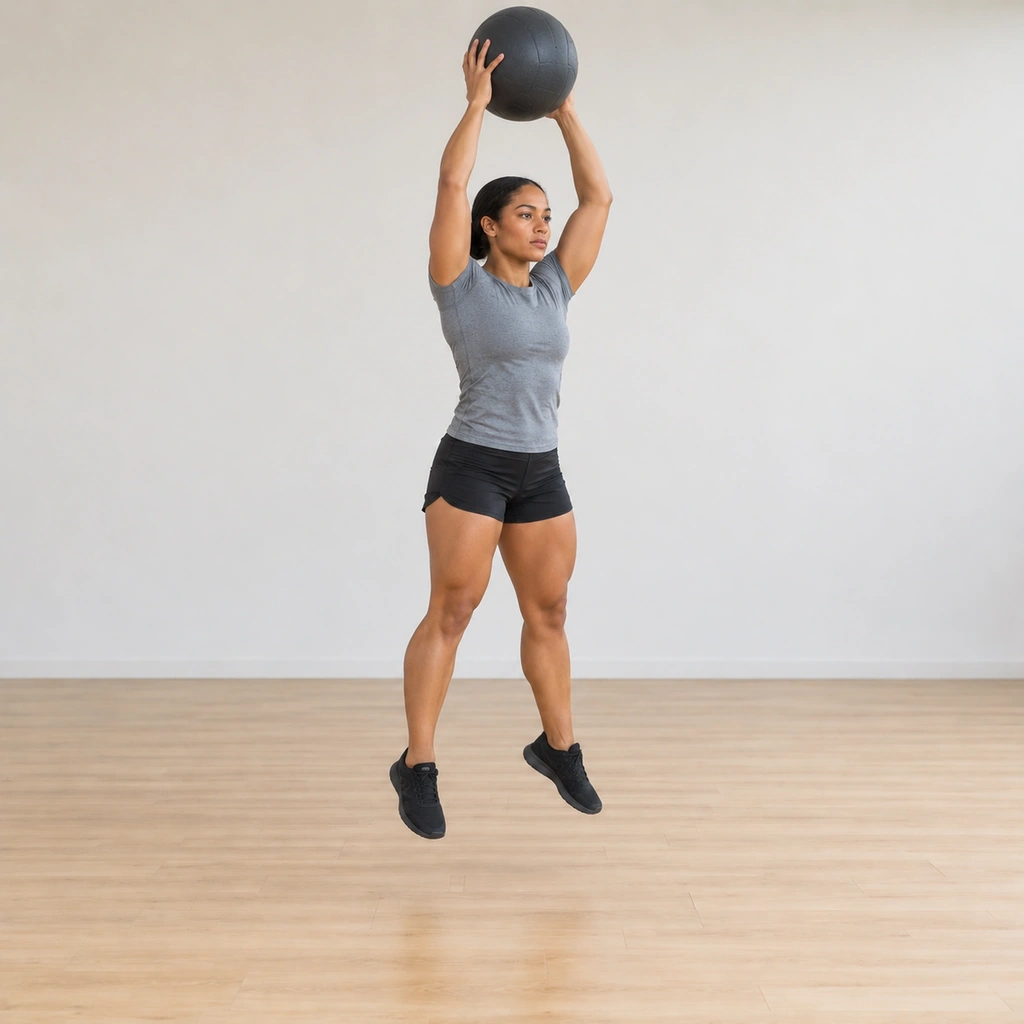 She is airborne at the top of the jump with the dead ball held high overhead on extended arms, the feet clear of the floor, body tall in the air.